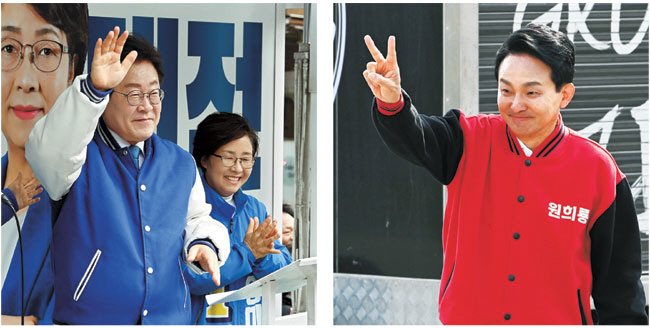이재명 더불어민주당 대표가 4일 오전 부산 영도구에서 유세 차량에 올라 이 지역에 출마한 박영미 후보의 지지를 호소하고 있다(왼쪽 사진). 원희룡 국민의힘 인천 계양을 후보가 4일 오전 인천 계양구 계산역에서 기호 2번을 손가락으로 알리며 유권자들의 지지를 호소하고 있다(오른쪽). 곽성호 기자·윤성호 기자