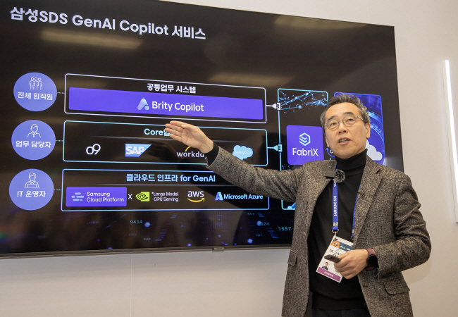황성우 삼성SDS 대표(사장)가 지난 1월 미국 라스베이거스에서 열린 세계 최대 가전·정보기술(IT) 전시회 ‘소비자가전쇼(CES) 2024’에서 생성형 AI 서비스 플랫폼 패브릭스와 업무 자동화 솔루션 브리티 코파일럿을 소개하고 있다.   삼성SDS 제공