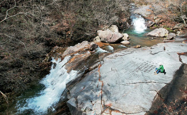 도림사를 끼고 이어지는 도림사 계곡의 마지막 9곡 너럭바위에 새겨진 글씨. 도림사 계곡을, 성리학을 집대성한 주자가 살았던 무이구곡에 빗대느라 주자의 시를 가져다가 여기에 새겼다.