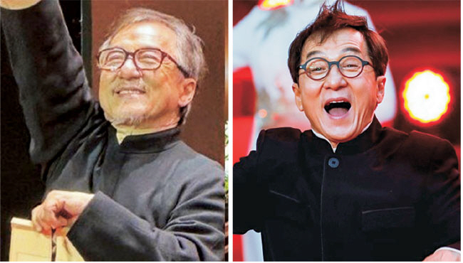 홍콩 액션 배우 청룽이 흰 수염을 하고 있는 모습의 사진이 인터넷에 떠돌며 “너무 늙어 보인다”라는 우려를 샀으나 신작 영화 촬영을 위해 분장했던 것으로 밝혀졌다. 오른쪽 사진은 청룽이 2023년 중국에서 열린 베이징국제영화제 개막식에 도착하면서 환하게 웃는 모습.  EPA 연합뉴스