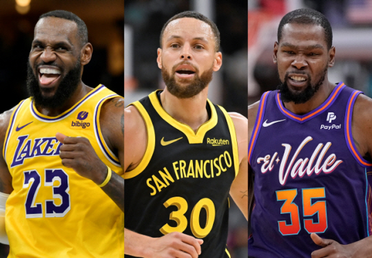 NBA를 대표하는 스타 르브론 제임스(왼쪽부터)와 스테픈 커리, 케빈 듀랜트는 오는 2024 파리올림픽서 사상 처음으로 미국 대표팀에서 호흡을 맞출 예정이다. AP뉴시스
