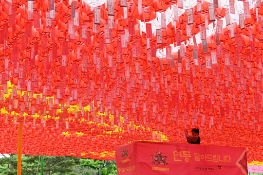 불기 2568년 부처님 오신 날(5월15일)을 앞둔 21일 서울 종로구 조계사에서 관계자가 오색연등에 소원지를 달고 있다. 문호남 기자