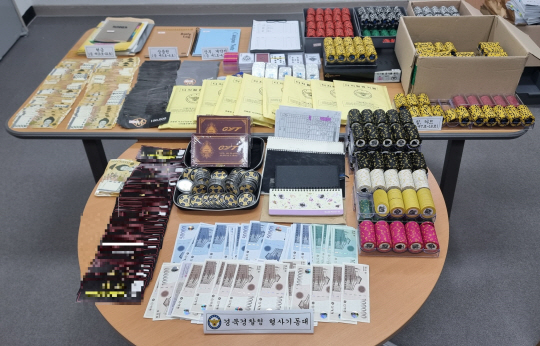 경북경찰청이 불법 홈덤펌을 단속해 압수한 현금과 칩, 상품권. 경북경찰청 제공