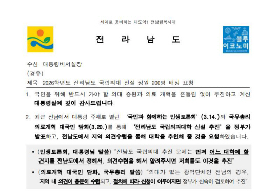 국립의대 신설 건의 공문. 전남도청 제공