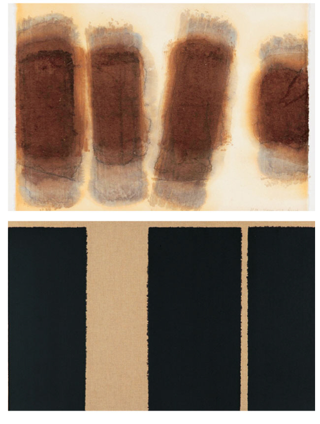 윤형근의 ‘번트 엄버와 울트라마린’. 한지에 그린 1981년 작(위, 47×63㎝)과 리넨에 그린 2001년 작(97.8×162.5㎝). PKM갤러리 제공