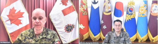 김명수(오른쪽) 합참의장이 10일 웨인 에어(왼쪽) 캐나다 국방참모총장과 공조통화를 갖고 인도·태평양 지역 내 군사협력 증진 방안에 대해 논의했다. 합참참모본부 제공