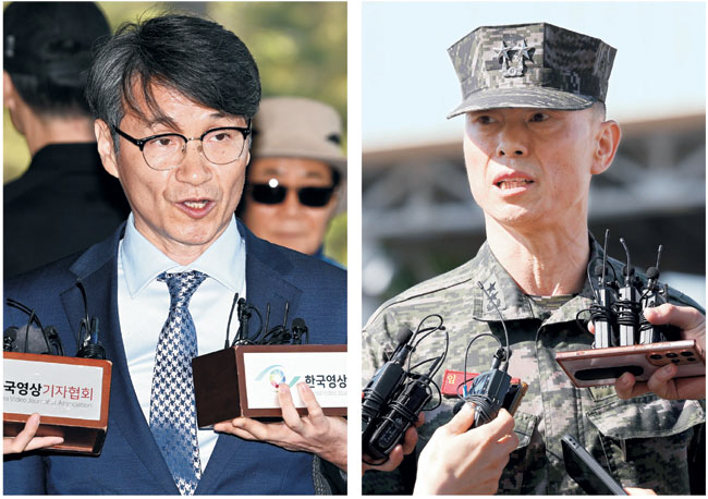 윤석열 대통령 부인 김건희 여사에게 명품 가방 등을 건넨 최재영 목사가 13일 오전 서울 서초구 서울중앙지검에 출석해 취재진 질문에 답하고 있다.(왼쪽 사진) 임성근 전 해병대 1사단장이 13일 오전 경북 경산시 경북경찰청 형사기동대에 ‘해병대 채 상병 순직 사건’ 조사를 받기 위해 출석하며 취재진 질문에 답하고 있다.(오른쪽)  문호남 기자, 연합뉴스