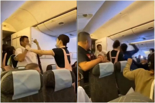 지난 7일 타이베이를 출발해 샌프란시스코로 향하던 에바항공 BR08여객기 내에서 난투극을 벌이던 승객들이 승무원들에게 제압당하고 있다. 알렉스뉴스 위클리 X 캡처, 스트레이츠타임스 재인용
