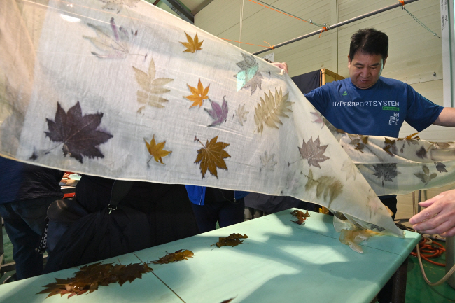 지난 13일 강원 홍천군 내면 명개리의 열목어마을회관에서 한 농촌 체험객이 다양한 색깔의 낙엽을 직접 물들인 스카프를 펼쳐 보이고 있다.   백동현 기자