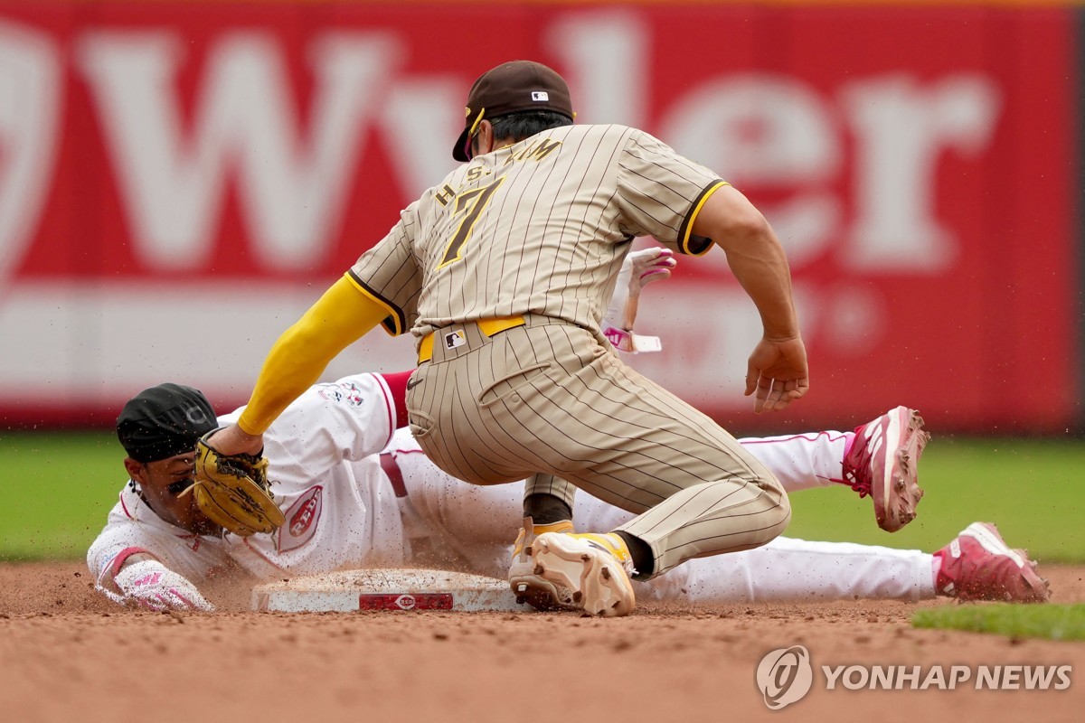 2루 도루하던 신시내티 윌 벤슨을 잡아내는 김하성[게티이미지/AFP=연합뉴스]