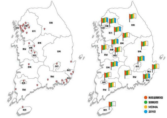 4년간(2020~2023년) 연속 조사된 하수처리장 34개소(왼쪽)와 시도별 주요 마약류 검출 여부. 식품의약품안전처 제공