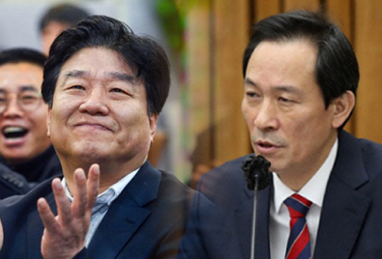 양문석 더불어민주당 당선인(왼쪽)과 우상호 의원. 연합뉴스, 뉴시스