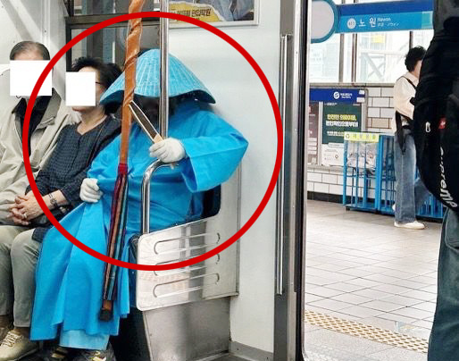 서울 지하철 4호선에서 긴 지팡이를 들고 도사 옷차림을 한 사람이 포착됐다. 온라인 커뮤니티 캡처