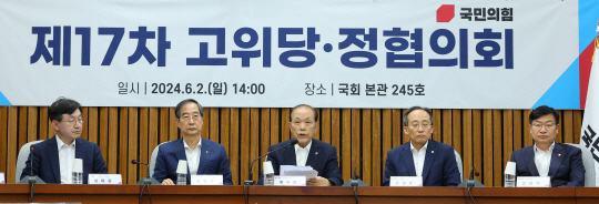 황우여 국민의힘 비상대책위원장이 2일 오후 국회에서 열린 제17차 고위당·정협의회에서 발언하고 있다. 왼쪽부터 성태윤 대통령실 정책실장, 한덕수 국무총리, 황 위원장, 추경호 국민의힘 원내대표, 정점식 국민의힘 정책위의장. 연합뉴스