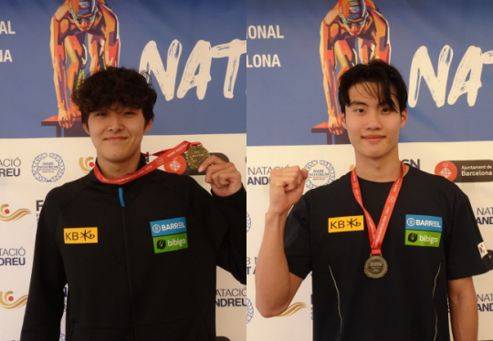 김우민(왼쪽)과 황선우는 2일(한국시간) 모나코의 앨버트 2세 워터스포츠센터에서 열린 마레 노스트럼 시리즈 3차 대회에서 나란히 금메달을 목에 걸었다. 사진은 바르셀로나에서 열린 2차 대회 당시 둘의 모습. 대한수영경기연맹 제공