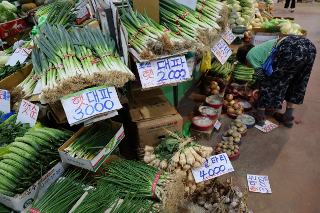 경기침체에 따른 소비심리 위축으로 소상공인과 전통시장의 경기전망이 두 달 연속 악화한 가운데, 3일 서울의 한 전통시장에서 상인이 손님을 기다리며 채소를 정리하고 있다. 연합뉴스
