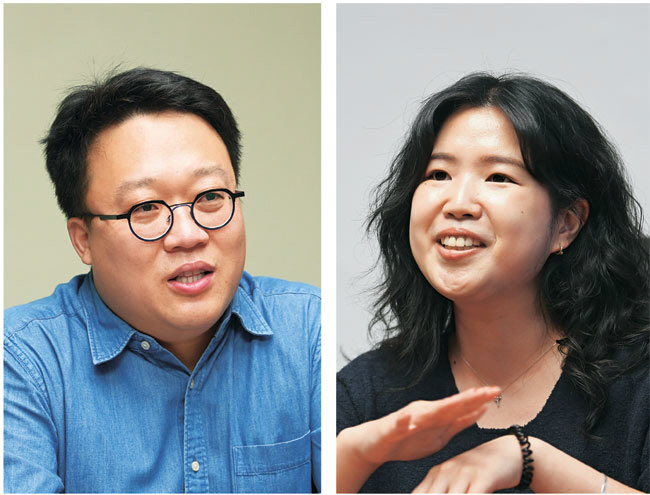 실감 나는 자전거 추격전으로 냉엄한 사회와 자연 속 위로를 ‘왓 어 원더풀 월드’에 함께 담아낸 정진영 작가(왼쪽 사진), 꿈과 현실 사이에서 고뇌하는 청춘을 인어를 비롯한 신비로운 괴물과 함께 풀어낸 ‘입속 지느러미’의 조예은 작가. 박윤슬 기자