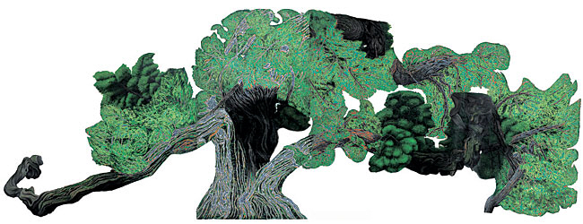 김경옥 ‘신목(神木)’, 260×700㎝, 종이에 아크릴과 오일(설치), 2005.