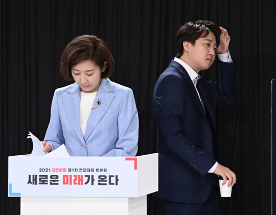 지난 2021년 국민의힘 당 대표에 출마한 나경원(왼쪽), 이준석 후보가 토론 준비를 하고 있다. 뉴시스