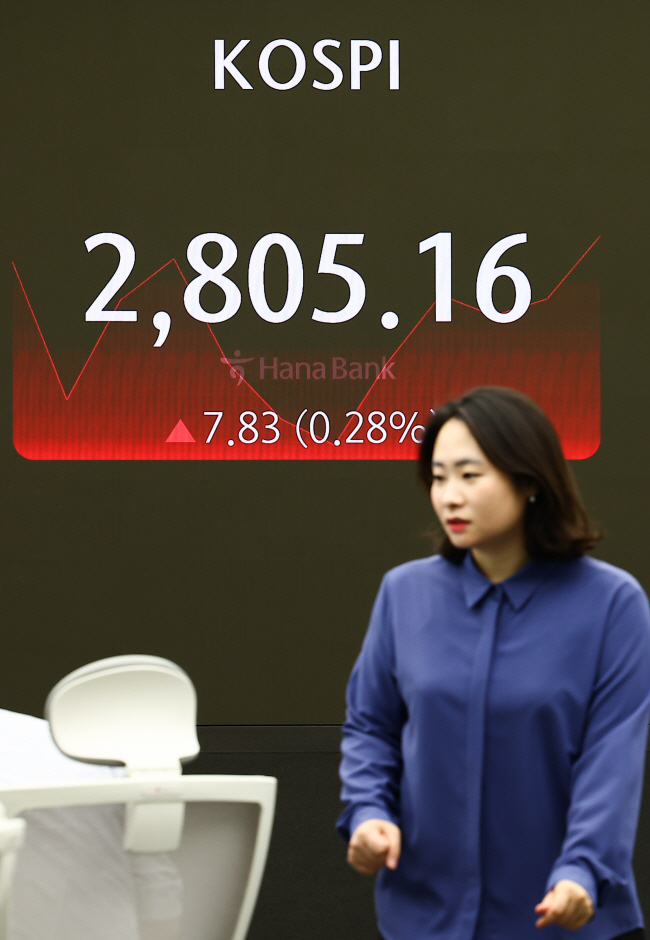 코스피가 20일 전장 대비 4.77포인트 오른 2802.10에 출발, 2년 5개월 만에 2800선을 돌파한 가운데 서울 중구 하나은행 딜링룸의 전광판 앞을 한 딜러가 지나가고 있다. 뉴시스