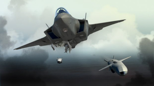 전략자산인 F-35 스텔스기에서 발사되는 JSM 공대지(공대함) 미사일 컴퓨터그래픽. JSM은 스텔스 미사일로 F-35 내부무장창에 2발을 장착할 수 있다는 게 장점이다. 노르웨이 콩스버그사 제공
