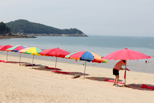 해수욕장 개장을 하루 앞둔 21일 오전 인천 중구 왕산해수욕장에서 번영회 관계자들이 파라솔을 설치하고 있다.  윤성호 기자
