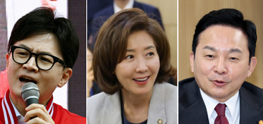 23일 국민의힘 당대표 경선 출마를 선언하는 한동훈(왼쪽부터) 전 비상대책위원장과 나경원 의원, 원희룡 전 국토교통부 장관.