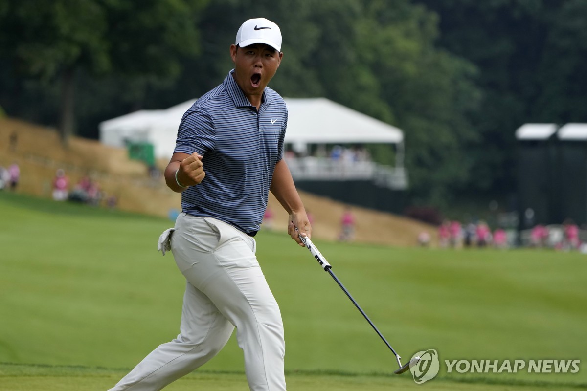 18번 홀(파4)에서 극적으로 동타를 만든 김주형[AP=연합뉴스]