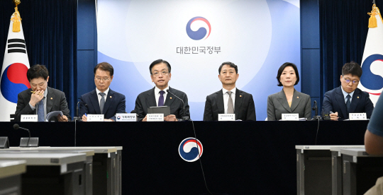 최상목(왼쪽 세 번째) 부총리 겸 기획재정부 장관이 3일 정부서울청사에서 ‘2024년 하반기 경제정책방향 및 역동경제 로드맵 관계부처 합동브리핑’에서 발표문을 낭독하고 있다.기재부 제공