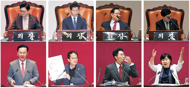 유상범 국민의힘 의원이 3일 국회에서 열린 순직 해병 특별검사법에 대한 필리버스터(합법적 의사 진행 방해)에서 반대 이유를 밝히고 있다.(왼쪽 사진) 반면 두 번째 토론자로 나선 박주민 더불어민주당 의원은 같은 날 특검법 처리 필요성을 강조하고 있다.(왼쪽 두 번째) 박준태 국민의힘 의원이 4일 오전 필리버스터를 진행하다가 물을 마시고 있다.(왼쪽 세 번째) 오른쪽 사진은 같은 날 서영교 민주당 의원이 격정적으로 찬성 입장을 밝히고 있는 모습. 뉴시스 연합뉴스 곽성호 기자