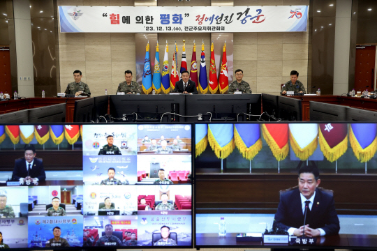 지난해 12월 13일 서울 용산구 국방부청사에서 열린 2023년 후반기 전군주요지휘관회의에서 신원식 장관이 김명수 합참의장과 육·해·공군 참모총장 등 장성·참모들이 참가한 가운데 모두발언을 하고 있다. 국방일보 제공