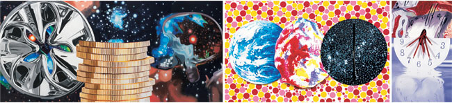 전체 폭이 6m가 넘는 대작 ‘우주를 응시하는 부유한 사람’(2011·왼쪽부터)과 캔버스를 뚫고 알루미늄 시곗바늘을 장착한 ‘일식’(1991), 초현실주의 표현 기법과 구도가 스며든 ‘시계 중앙의 공백-시간 기록자’(2008).  세화미술관 제공