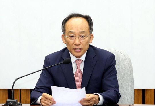 추경호 국민의힘 원내대표가 9일 오전 서울 여의도 국회에서 열린 원내대책회의에서 발언하고 있다. 뉴시스