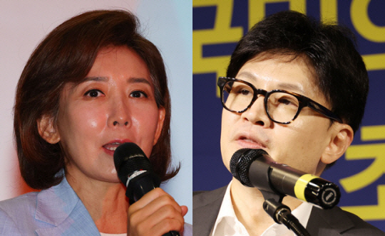 국민의힘 당대표 경선에 출마한 나경원(왼쪽 사진) 후보와 한동훈 후보.