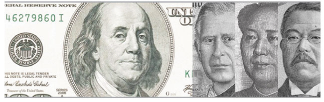 달러에 새겨진 벤저민 프랭클린(왼쪽부터), 파운드의 찰스 3세 영국 국왕, 위안화의 마오쩌둥 전 중국 국가주석, 엔화의 기타자토 시바사부로 초상화.