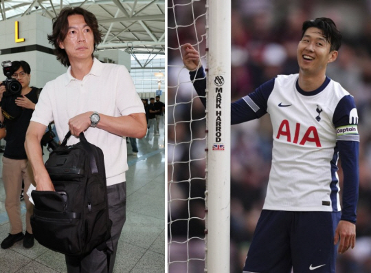 지난 15일 런던으로 출국하기 위해 인천국제공항을 찾은 홍명보(왼쪽) 감독과 최근 영국 스코틀랜드 에든버러의 타인캐슬패크에서 열린 친선경기에서 환하게 웃고 있는 손흥민. AP뉴시스·연합뉴스