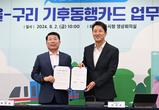 오세훈(오른쪽) 서울시장과 백경현 경기 구리시장이 2일 오전 서울시청에서 열린 서울시-구리시 기후동행카드 사업 참여 업무 협약서를 들고 기념 촬영을 하고 있다. 서울시청 제공