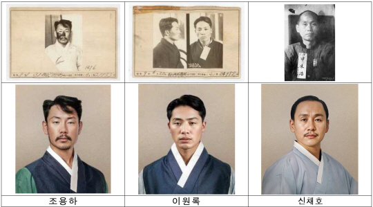 국가보훈부가 빙그레와 8월 한 달 동안 옥중에서 순국한 독립유공자 87명에게 인공지능(AI) 기술을 활용해 한복을 입은 모습으로 변신시켜 새로운 영웅의 모습으로 기억될 수 있도록 하는 ‘처음 입는 광복’ 캠페인을 진행한다고 2일 밝혔다. 사진은 원본 사진(위쪽)과 AI 기술을 활용한 이미지(아래). 국가보훈부 제공／연합뉴스