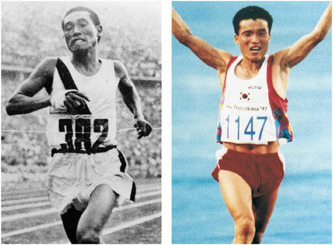 1936년 베를린올림픽 손기정(왼쪽 사진) 선수와 1992년 바르셀로나올림픽 황영조(오른쪽) 선수가 마라톤 결승선을 통과하는 모습. 두 사람은 8월 9일 같은 날 금메달을 땄다. 자료사진