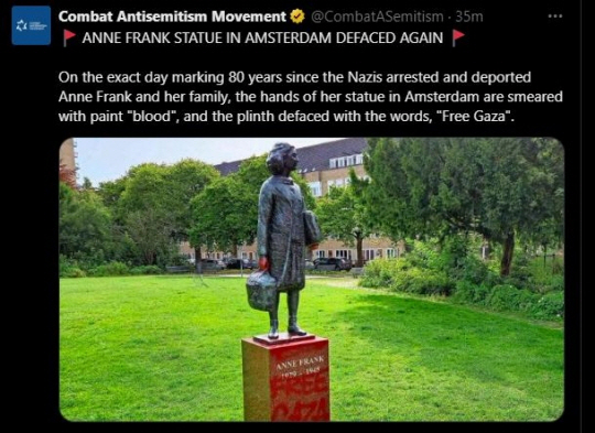 SNS상에 게시된 안네 프랑크 동상 훼손 사진. X 캡처