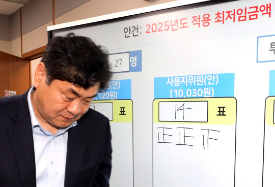 이인재 최저임금위원장이 지난달 12일 새벽 정부세종청사에서 열린 제11차 전원회의 후 기자들의 질문에 답한 뒤 퇴장하고 있다. 최저임금위는 이날 노사 양측 최종안의 표결을 거쳐 내년 최저임금을 시간당 1만30원으로 결정했다. 연합뉴스
