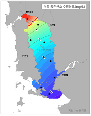 저층 용존산소 수평 분포. 국립수산과학원 제공