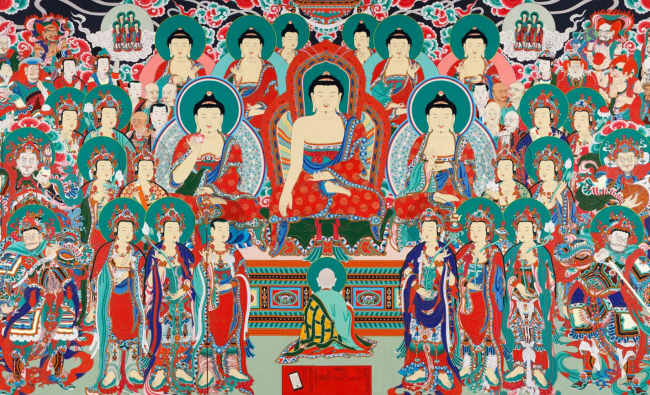 부산비엔날레 참여 작가에 이름을 올린 송천 스님의 ‘보국사 삼세여래후불탱’(2016). 스님은 불화의 전통과 실험 정신을 동시에 드러내는 작품을 선보인다. 부산비엔날레 제공
