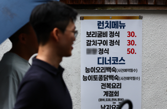 지난 달 23일 오후 서울 시내의 한 음식점 앞에 정식 메뉴 가격표가 붙어 있다. 뉴시스