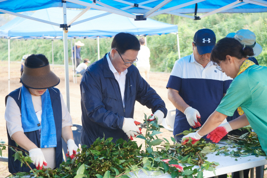 강수현(왼쪽 두 번쨰) 경기 양주시장이 양주시 옥정1동에서 주민들과 개나리 꺾꽂이를 하고 있다. 양주시청 제공