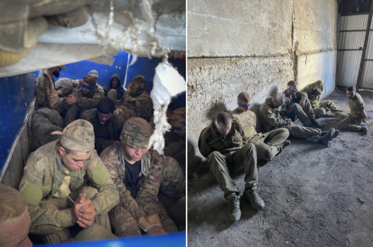 지난 14일 러시아 본토 쿠르스크에서 우크라이나군에 붙잡힌 러시아 전쟁포로들의 모습. AP 연합뉴스