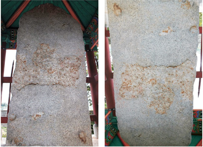 1000년 전 의견비 전면. 승천하는 개 모습이다. 오른쪽 사진은 1000년 전 의견비 전면의 개 모습을 뒤집으면 현재의 오수개 형상과 흡사하다.