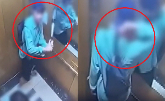지난 19일 오후 2시 30분쯤 파주시 야당동 한 아파트 엘리베이터에서 일면식 없는 여성을 뒤따라 탄 20대 남성이 문이 닫히자 갑자기 가방에서 야구방망이를 꺼내 휘두르려 하는 모습. 채널A 보도화면 캡처