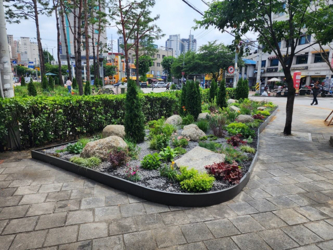 쓰레기 무단 투기 등으로 몸살을 앓던 서울 성북구 안암오거리 주위에 가로정원이 조성돼 구민들의 호응을 얻고 있다.  성북구청 제공