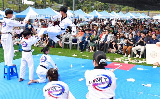 서울 노원구에서 열린 ‘洞(동) 마을 축제’에서 태권도시범 공연이 펼쳐지고 있다. 앞줄 오른쪽 다섯번째 자리에서 오승록 노원구청장이 주민들과 함께 공연을 관람하고 있다. 노원구청 제공